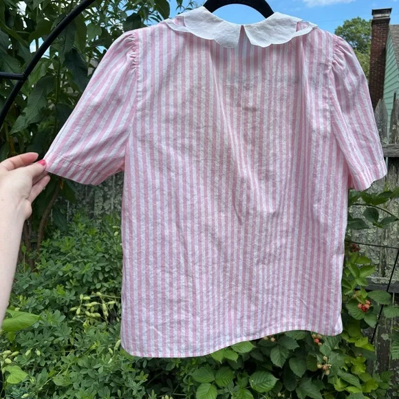 Cottonade Paris pink candy striper cottage core blouse with Collar - Picture 4 of 6